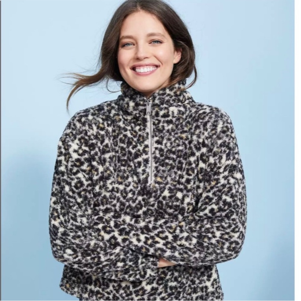 LOFT Leopard Print Sherpa Zip 3/4 zip pullover sweater medium